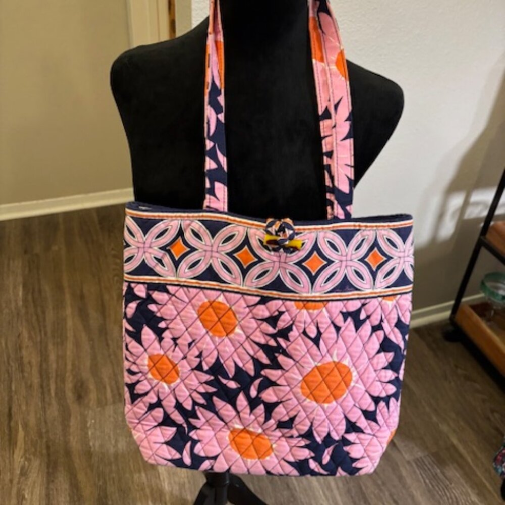 Vera Bradley "Loves Me" Navy Pink Orange Daisy Quilted Tote Shoulder Bag EUC